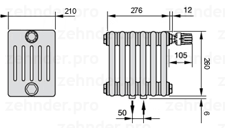 Схема (чертеж) Радиатор Zehnder Charleston 6026/6 №V008 Белый глянцевый RAL 9016